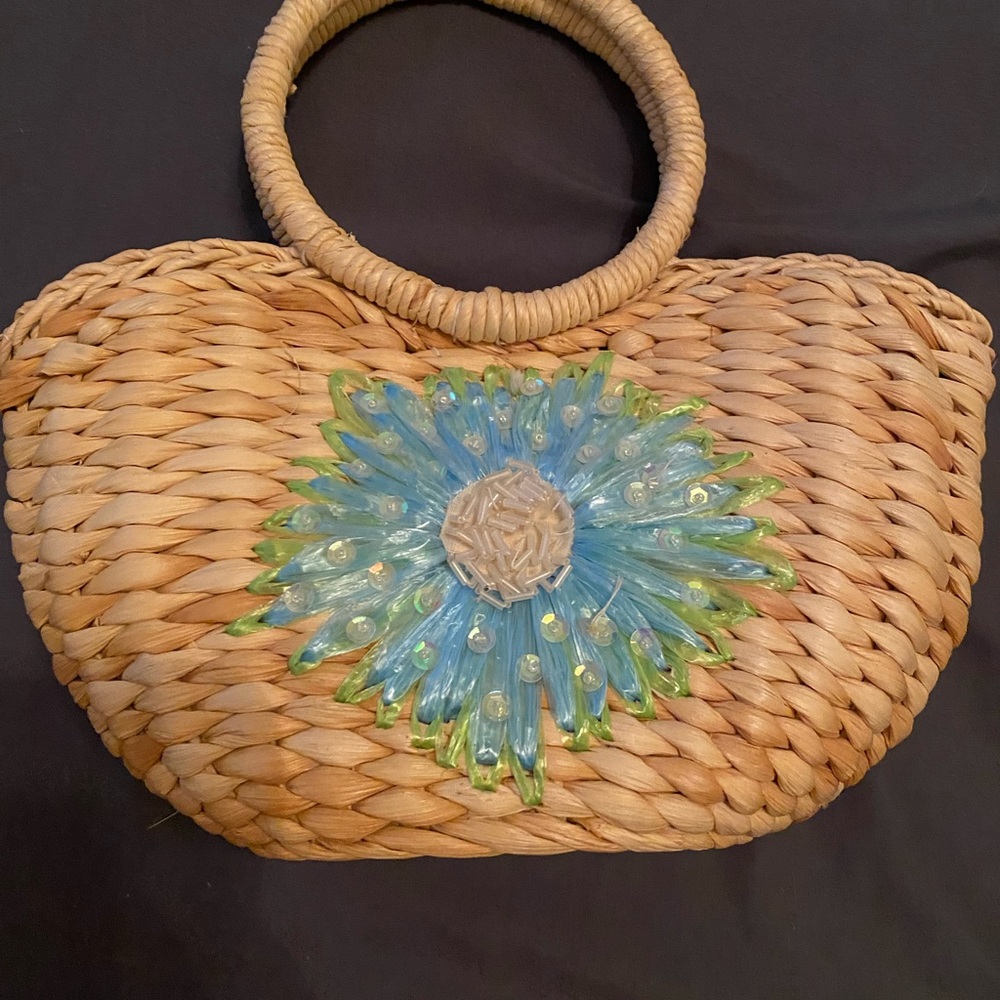 Massimo Woven Tote with Blue and Green Floral Design